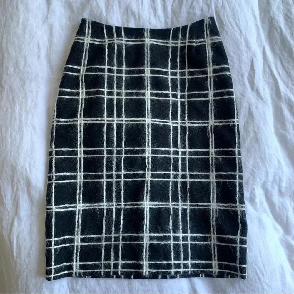 Vintage Anna Sui Fall 1999 90s Striped Plaid Wool Fuzzy Brushed Pencil Skirt